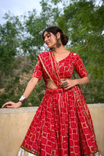 Thumbnail for Lorenvalley Red Pure Rayon with Foil Printed With Gota Patti And Paper Mirror Work Lehenga Choli - Distacart