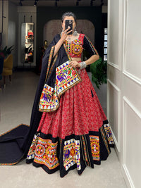 Thumbnail for Lorenvalley Red Pure Cotton Lehenga Choli Embellishes With Gamthi Work And Mirror Work Touch Up To Make Everyone Feel The Stories Of Navratri Traditions