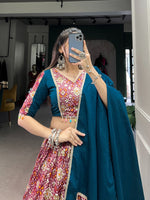 Thumbnail for Lorenvalley Red Dola Silk and Rayon with Printed With Foil Work And Lace Touch Up Lehenga Choli - Distacart