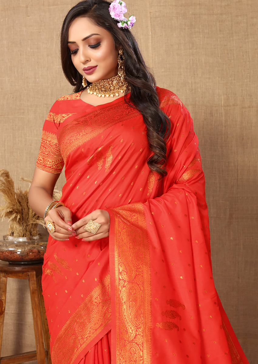 Lorenvalley Fashion Red Soft Silk Copper Zari weaving Design Saree