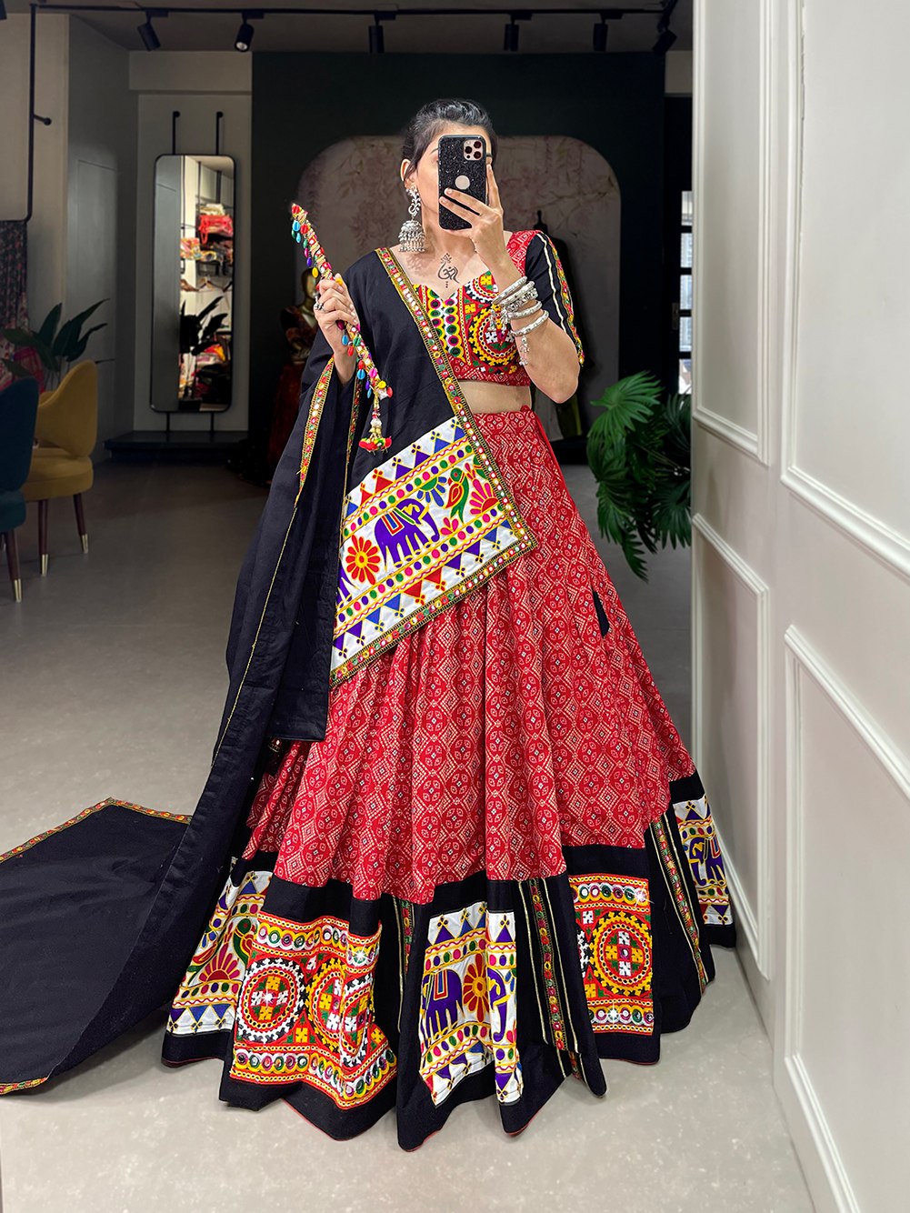 Lorenvalley Red Pure Cotton Lehenga Choli Embellishes With Gamthi Work And Mirror Work Touch Up To Make Everyone Feel The Stories Of Navratri Traditions