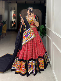 Thumbnail for Lorenvalley Red Pure Cotton Lehenga Choli Embellishes With Gamthi Work And Mirror Work Touch Up To Make Everyone Feel The Stories Of Navratri Traditions