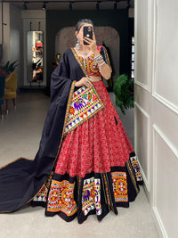 Thumbnail for Lorenvalley Red Pure Cotton Lehenga Choli Embellishes With Gamthi Work And Mirror Work Touch Up To Make Everyone Feel The Stories Of Navratri Traditions
