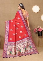 Thumbnail for Lorenvalley Fashion Red Soft Paithani Silk Woven Design Rich Meenakari Zari Weaving Pallu Saree - Distacart