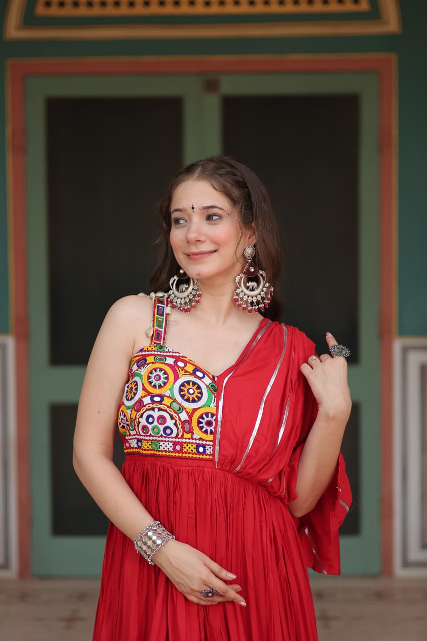 Lorenvalley Red Rayon Fabric with Designer Lace Gown - Distacart