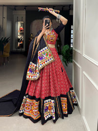 Thumbnail for Lorenvalley Red Pure Cotton Lehenga Choli Embellishes With Gamthi Work And Mirror Work Touch Up To Make Everyone Feel The Stories Of Navratri Traditions