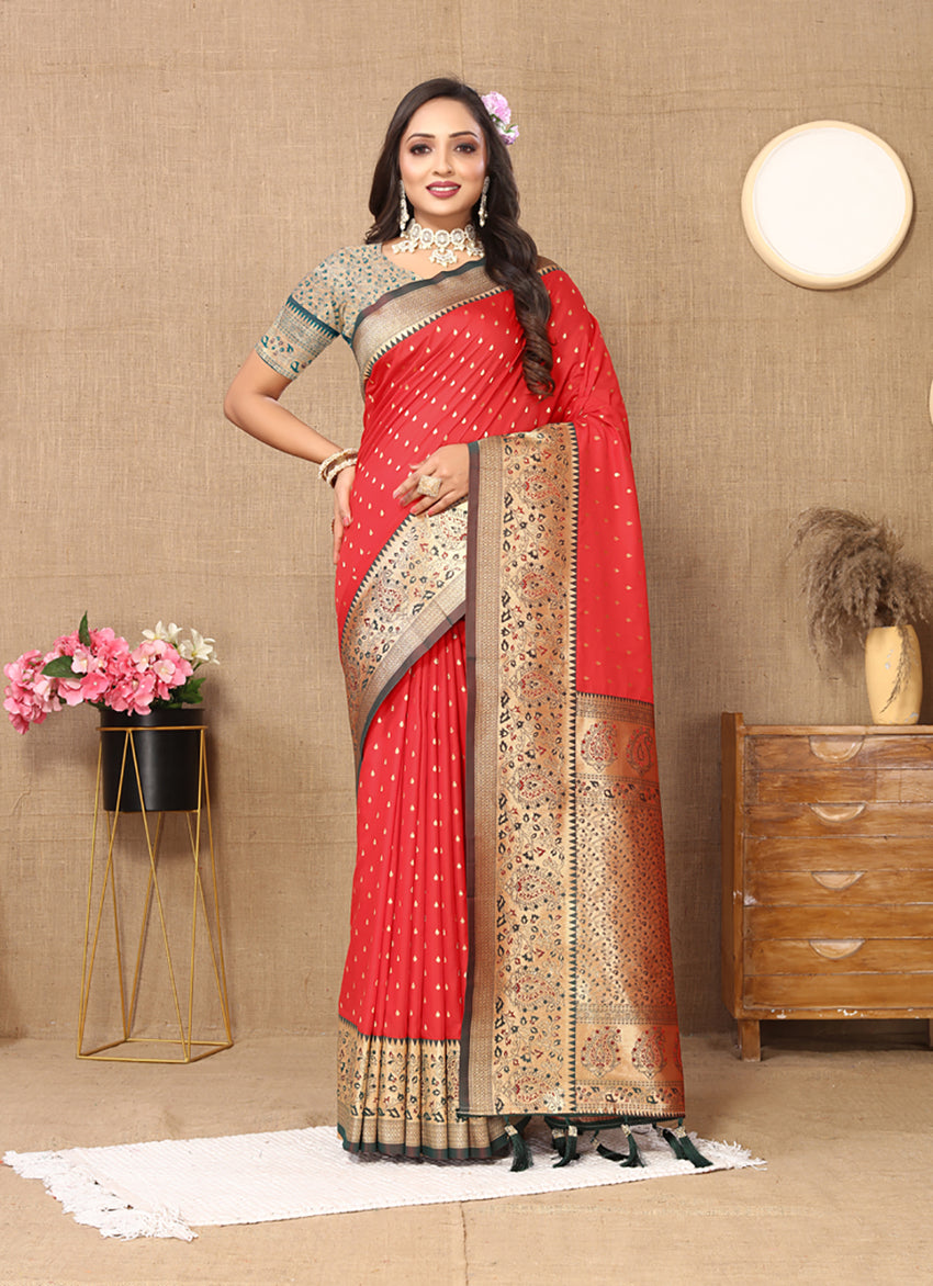 Lorenvalley Fashion Red Soft Silk weaving Design Rich Zari Weaving Saree