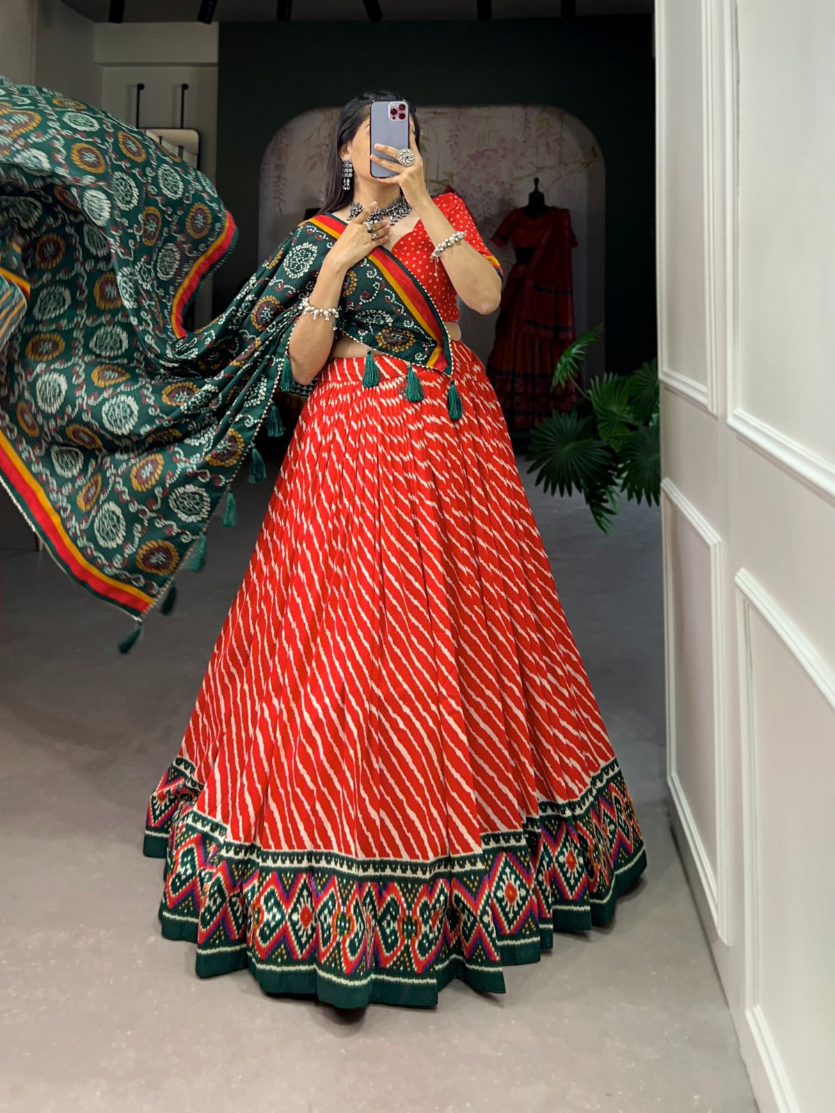 Lorenvalley Red Tussar Silk Lehenga Leheriya Patola Print Border With Choli Bandhej Print With Bandhej Print Gotta Patti Lace Border Dupatta