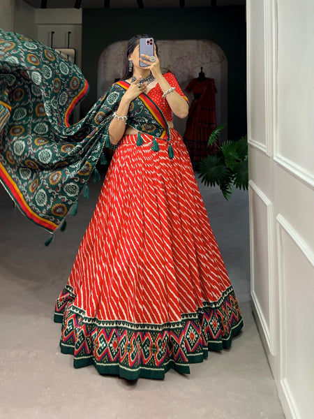 Lorenvalley Red Tussar Silk Lehenga Leheriya Patola Print Border With Choli Bandhej Print With Bandhej Print Gotta Patti Lace Border Dupatta