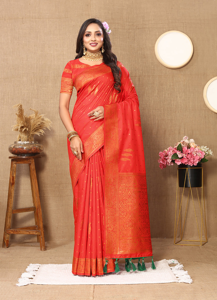 Lorenvalley Fashion Red Soft Silk Copper Zari weaving Design Saree