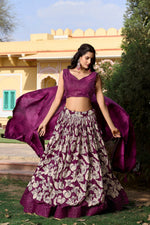 Thumbnail for Vastranavya Ethnic Look Tussar Silk Floral Printed With Foil Work Indian Lehenga Choli - Wine - Distacart