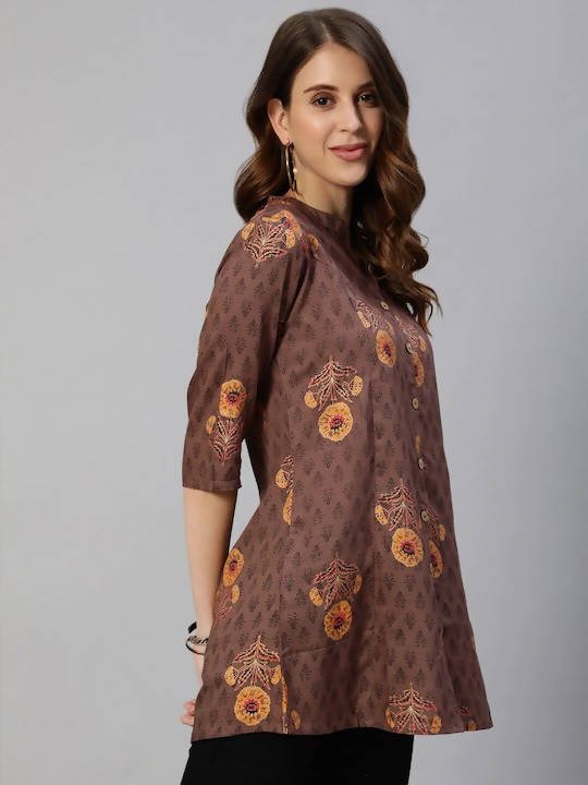 Anubhutee Brown & Yellow Floral Foil Printed Kurti - Distacart