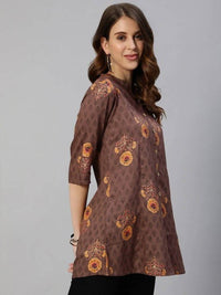 Thumbnail for Anubhutee Brown & Yellow Floral Foil Printed Kurti - Distacart