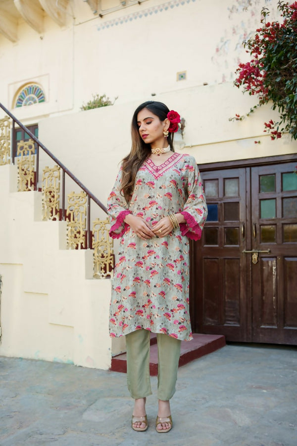 Vaasva Women Pista Green Muslin Embroidered Kurta & Pant Set - Distacart