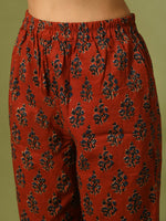 Thumbnail for Myshka Women's Rust Printed Cotton Straight Party Kurta Set With Dupatta - Distacart