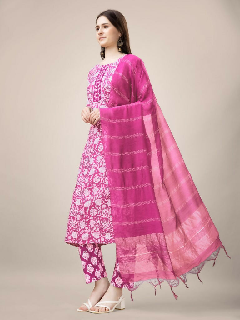 Jyoti Fashion Women's Pink Rayon Print with Embroidery & Fancy Lace Work Kurta with Trouser & Dupatta - Distacart