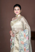 Thumbnail for Morchari Beige Banarasi Tissue Computer Embroidery Saree Unstitched Blouse