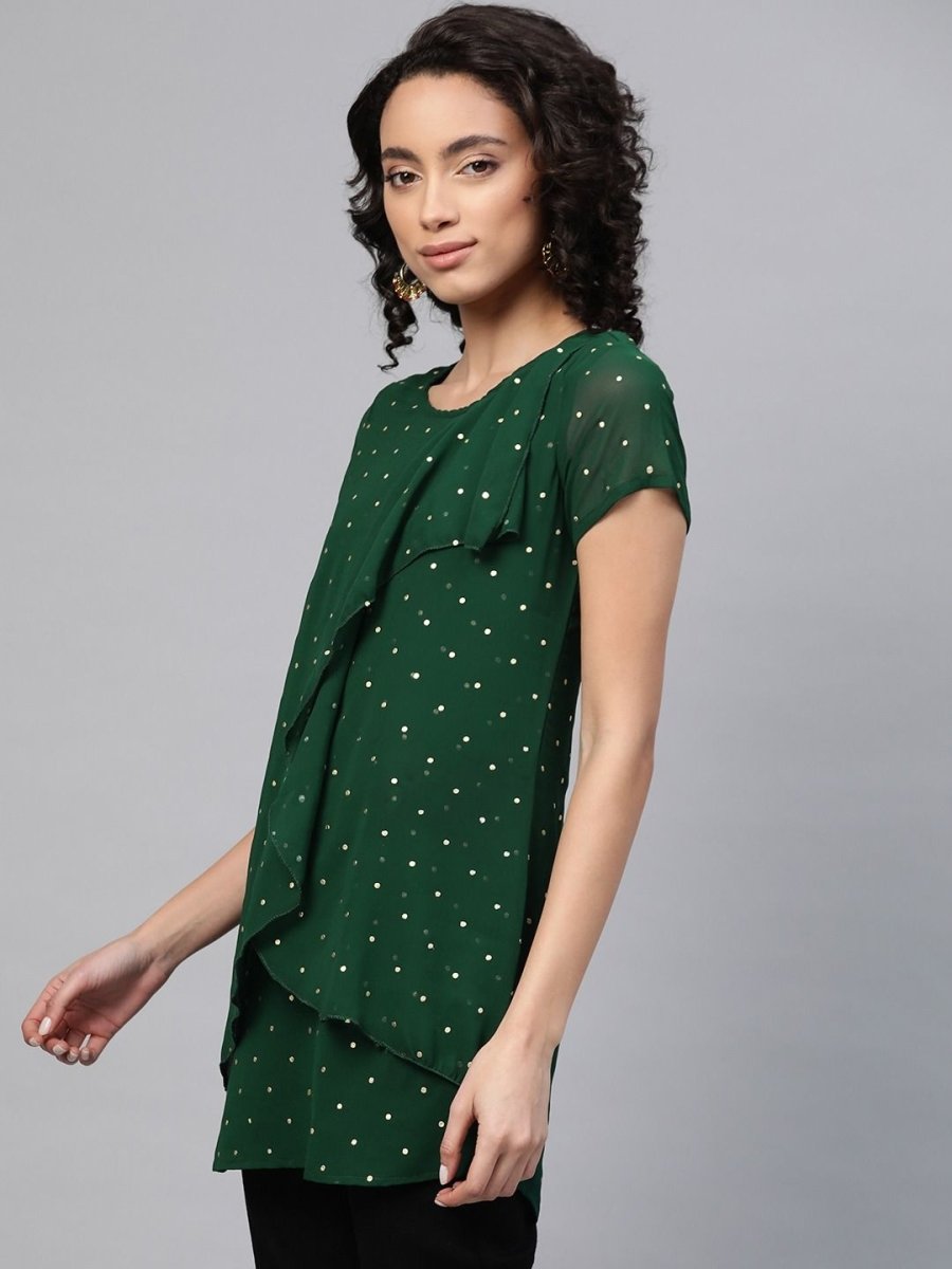 Ahalyaa Women Green Georgette Golden Polka Dots Print Layered Tunic