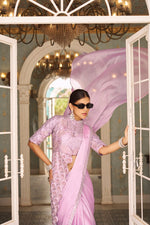 Thumbnail for Teeya Creation Pink Color Chinnon Silk Embroidery Work Ready To Wear Saree With Stitched blouse - Distacart