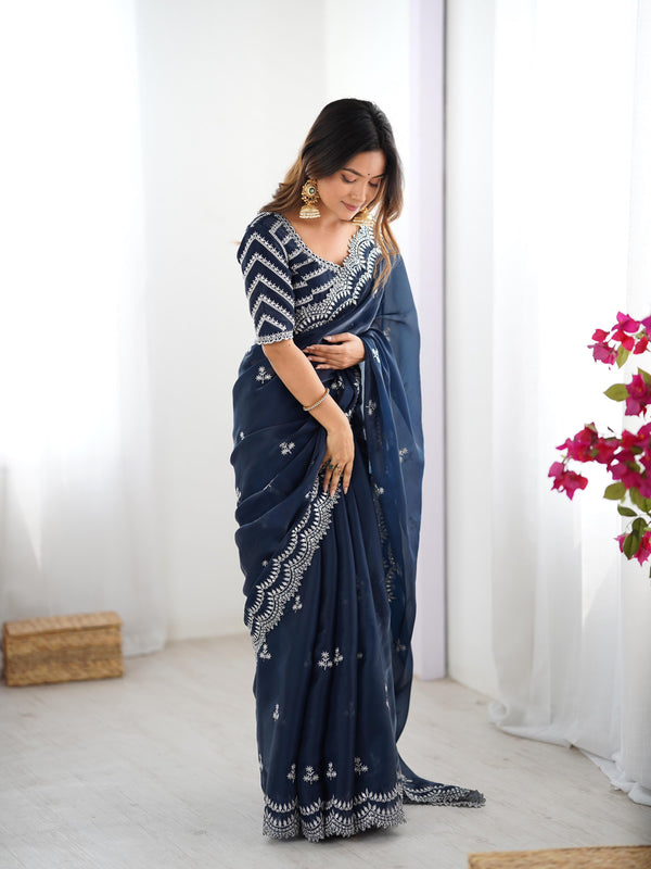 Teeya Creation Navy Blue Color Jimichhu Silk Embroidery Work Saree - Distacart