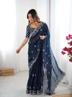 Thumbnail for Teeya Creation Navy Blue Color Jimichhu Silk Embroidery Work Saree - Distacart
