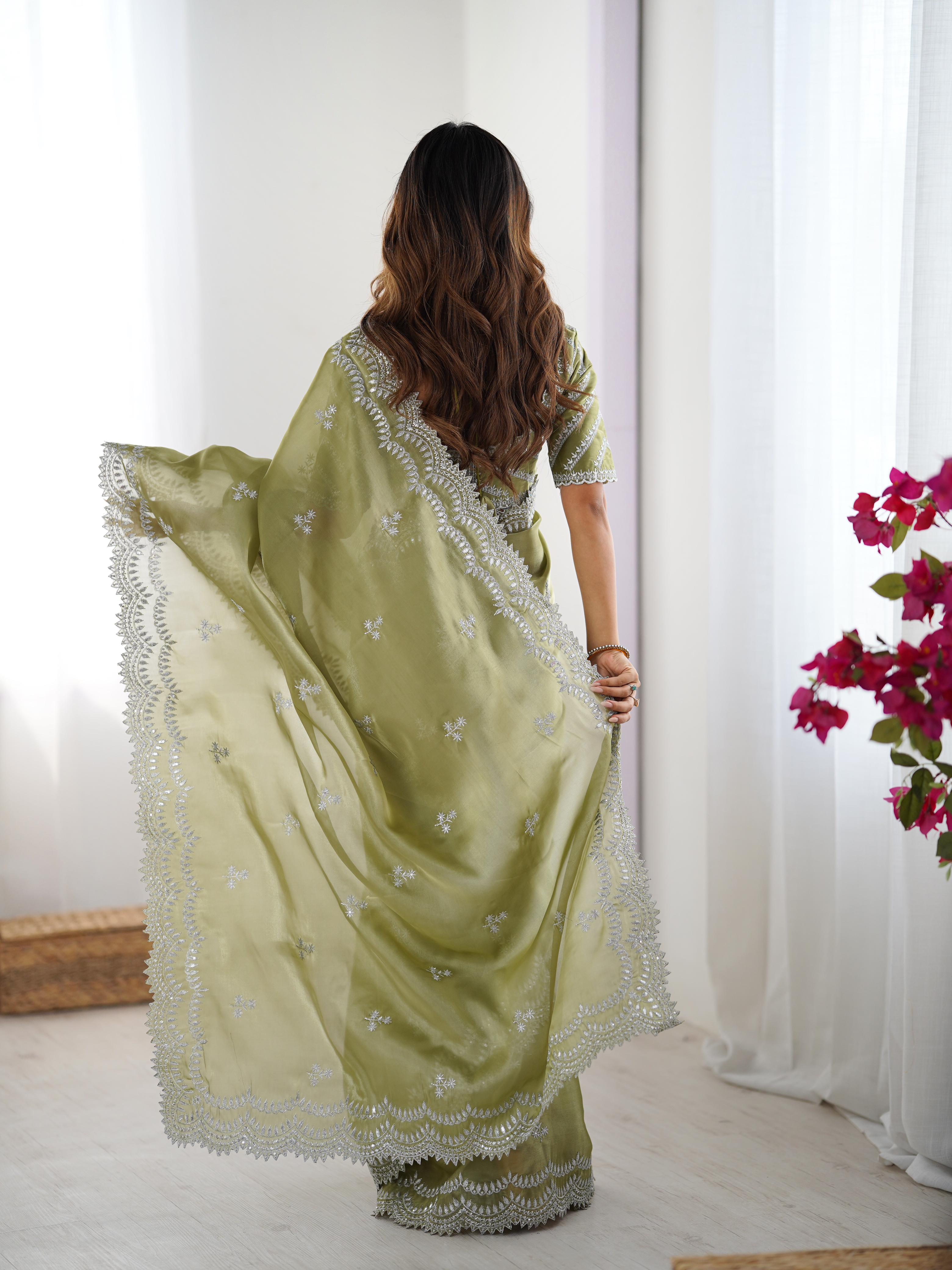 Teeya Creation Pista Color Jimichhu Silk Embroidery Work Saree - Distacart