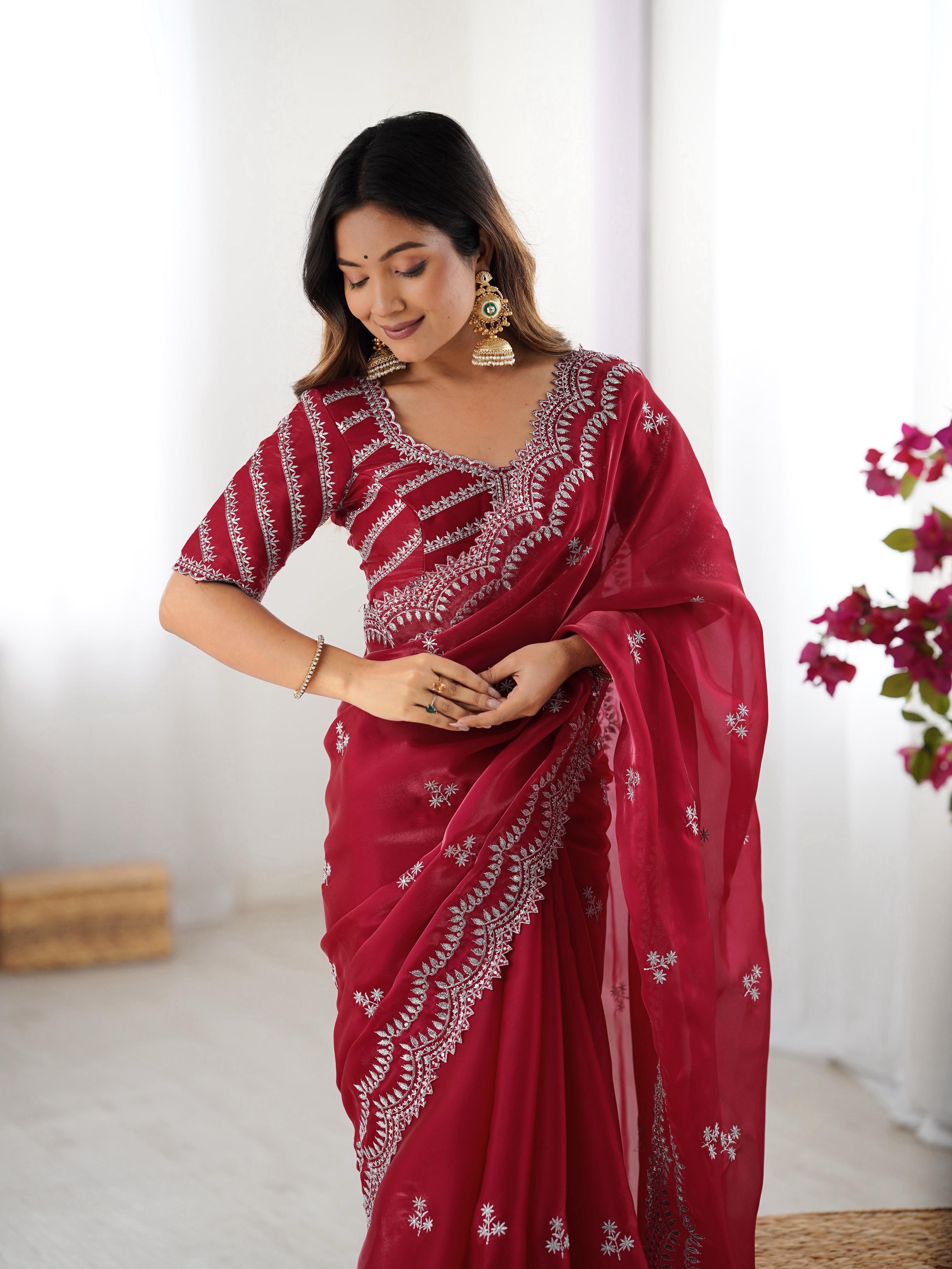 Teeya Creation Red Color Jimichhu Silk Embroidery Work Saree - Distacart