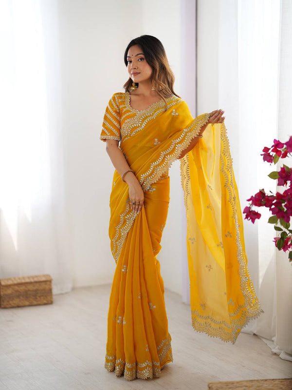 Teeya Creation yellow Color Jimichhu Silk Embroidery Work Saree - Distacart