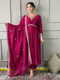Thumbnail for Women V Neck Embroidered Work Vichitra Silk Fabric Kurta & Pant With Dupatta Set - Taantav