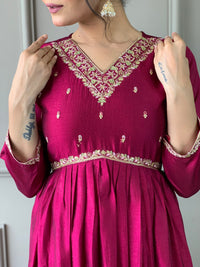 Thumbnail for Women V Neck Embroidered Work Vichitra Silk Fabric Kurta & Pant With Dupatta Set - Taantav