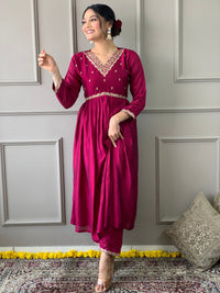 Thumbnail for Women V Neck Embroidered Work Vichitra Silk Fabric Kurta & Pant With Dupatta Set - Taantav