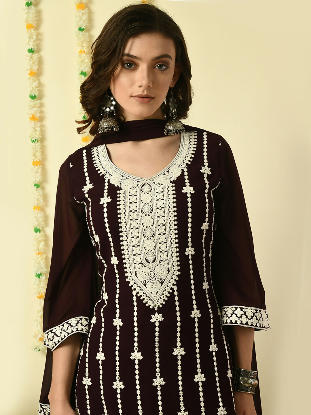 Myshka Women's Coffee Brown Georgette Kurta & Palazzos With Dupatta Party Sets - Distacart