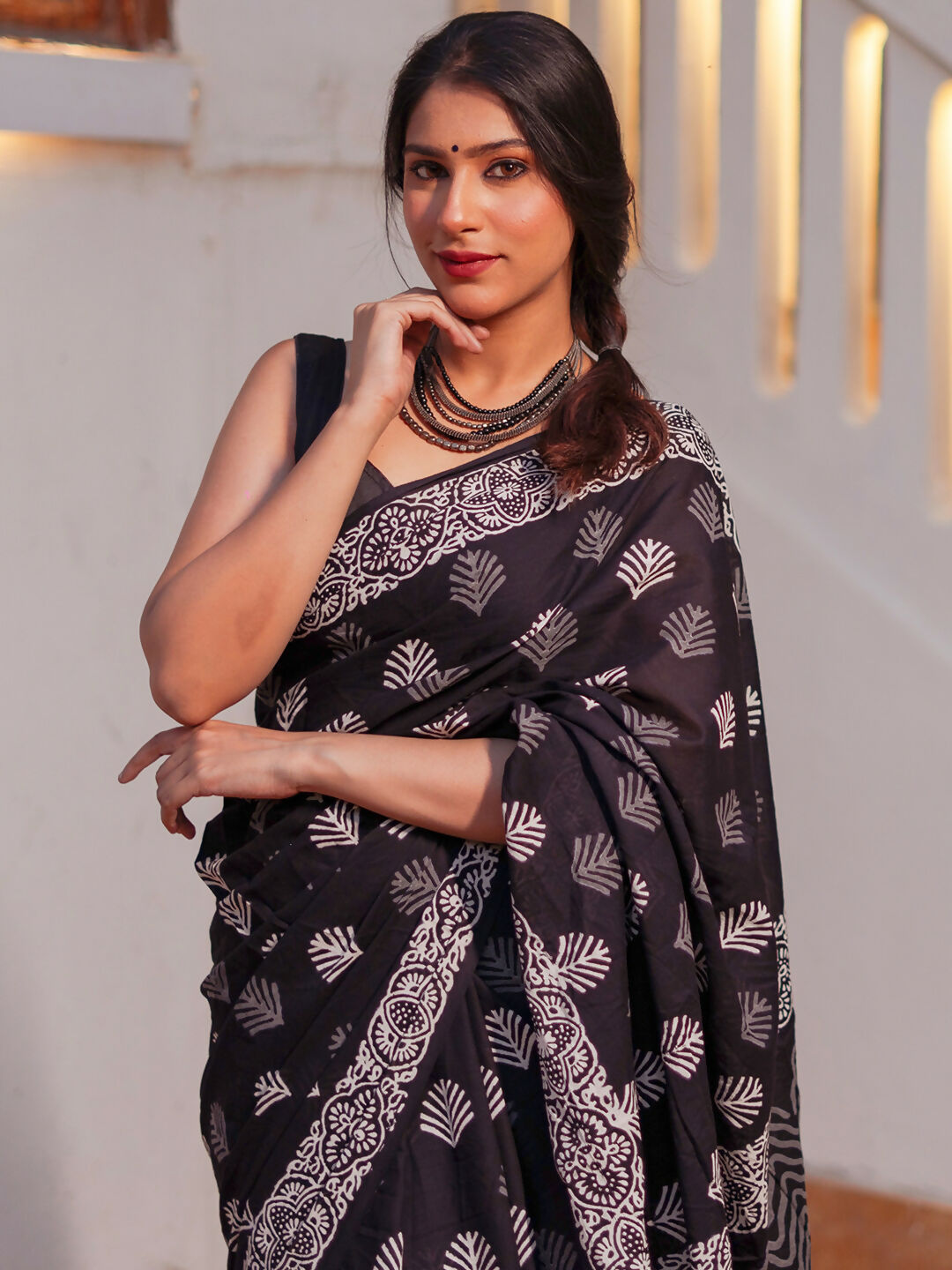 Zibaa Hand-Blocked Pure Mul Cotton Black Saree