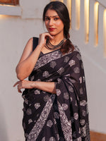 Thumbnail for Zibaa Hand-Blocked Pure Mul Cotton Black Saree
