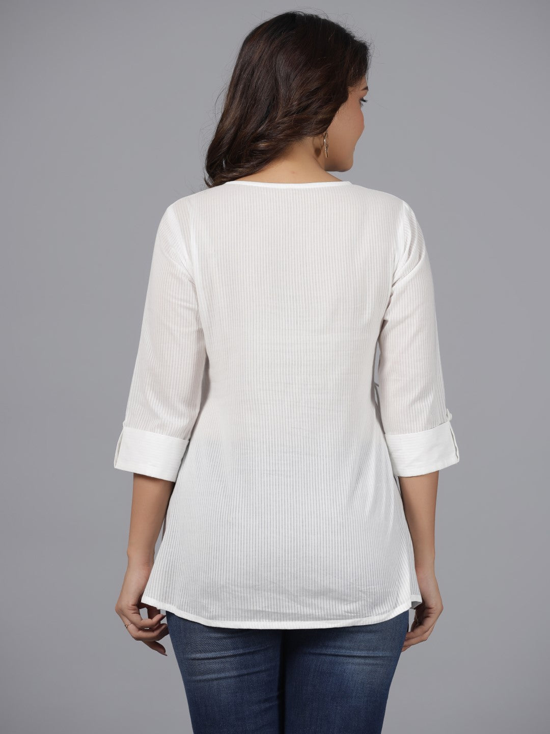 Juniper Women's White Geometric Cotton Dobby Tunic With Mirror Work Embroidery. - Distacart