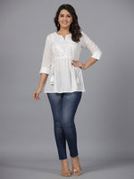 Thumbnail for Juniper Women's White Geometric Cotton Dobby Tunic With Mirror Work Embroidery. - Distacart