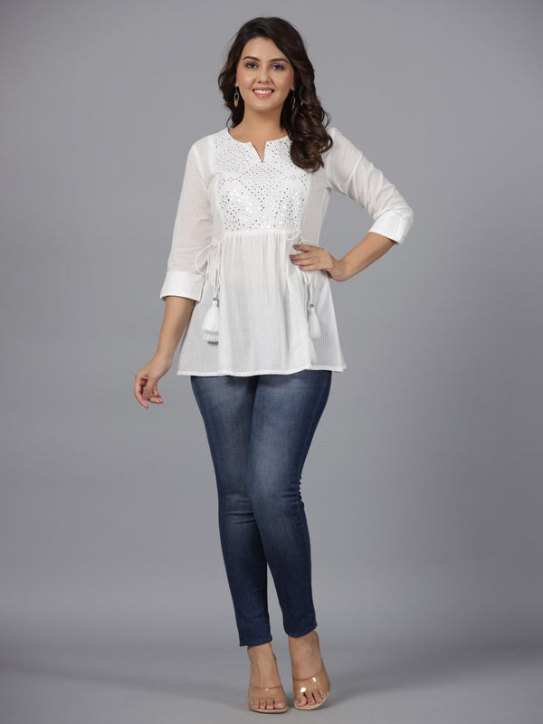 Juniper Women's White Geometric Cotton Dobby Tunic With Mirror Work Embroidery. - Distacart