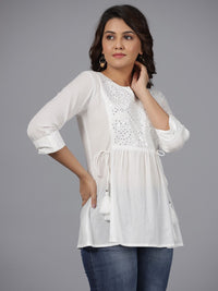 Thumbnail for Juniper Women's White Geometric Cotton Dobby Tunic With Mirror Work Embroidery.