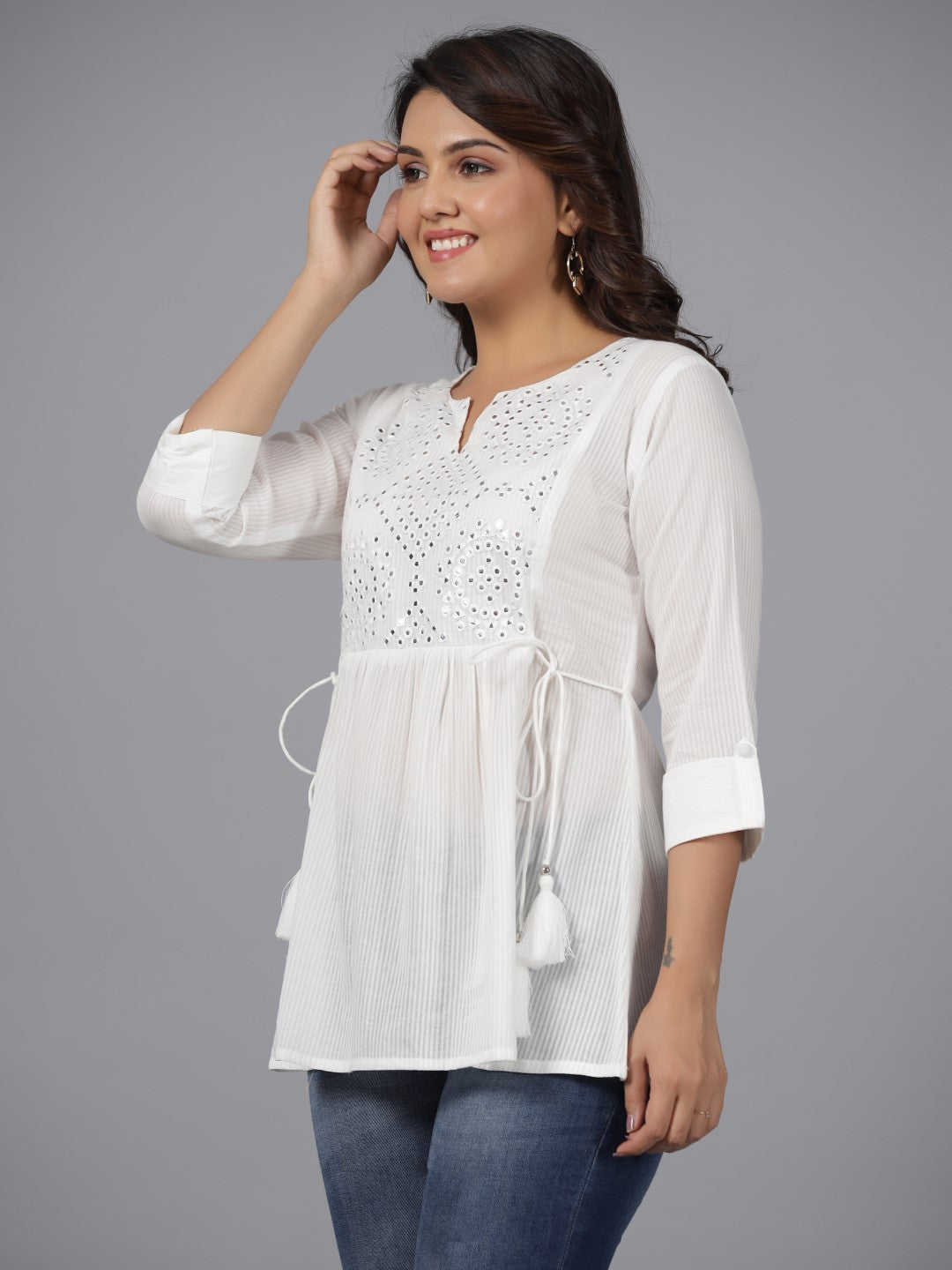 Juniper Women's White Geometric Cotton Dobby Tunic With Mirror Work Embroidery. - Distacart