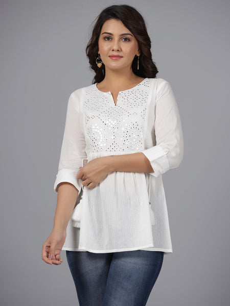 Juniper Women's White Geometric Cotton Dobby Tunic With Mirror Work Embroidery.