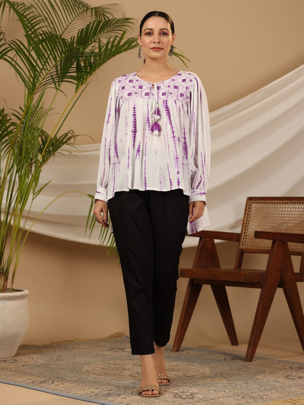 Juniper Women's Lavender Mirror Embroidered Rayon Crepe Tie-Dye Tunic With Tassels - Distacart