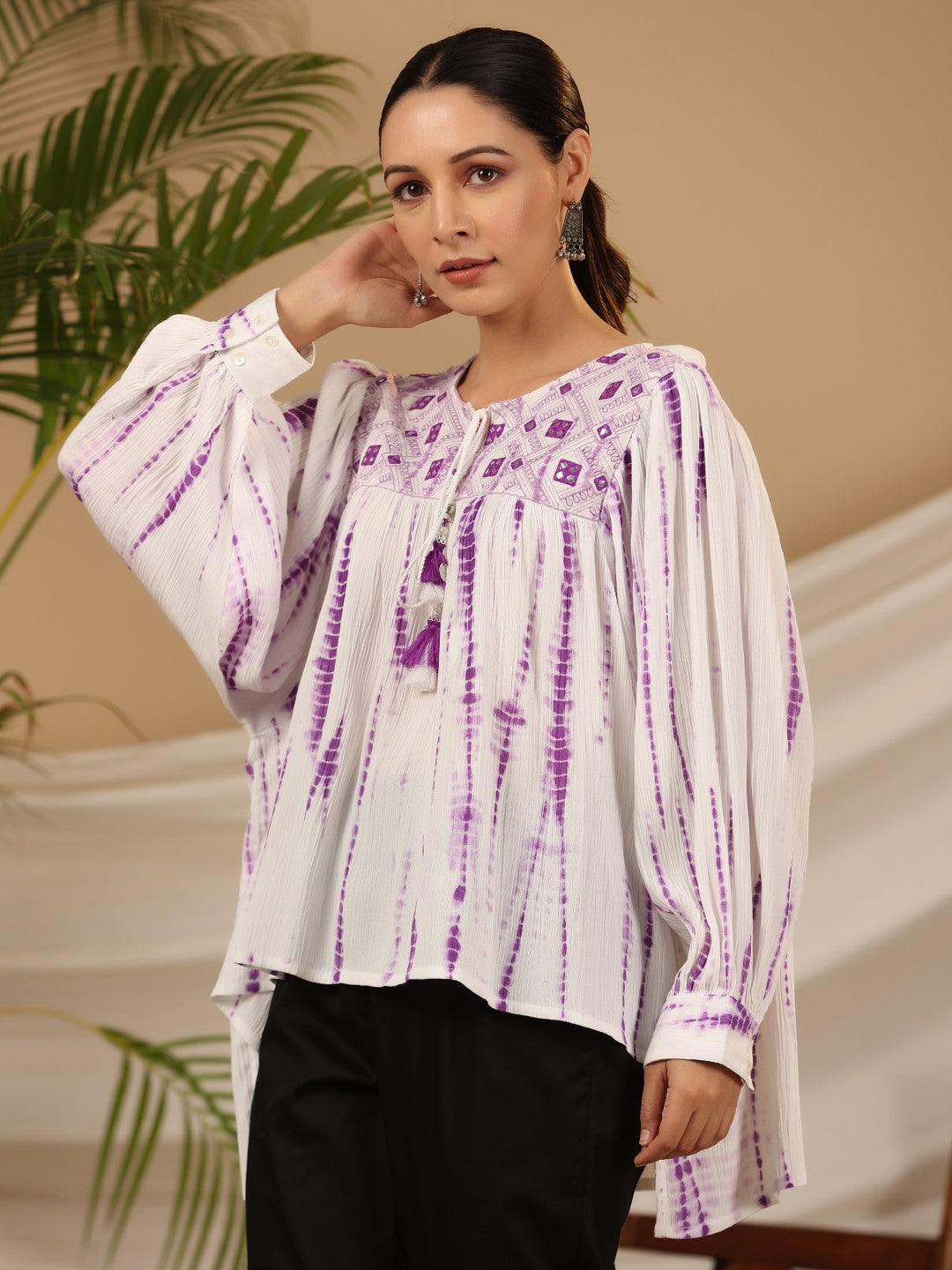 Juniper Women's Lavender Mirror Embroidered Rayon Crepe Tie-Dye Tunic With Tassels - Distacart