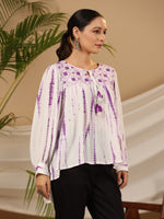 Thumbnail for Juniper Women's Lavender Mirror Embroidered Rayon Crepe Tie-Dye Tunic With Tassels - Distacart