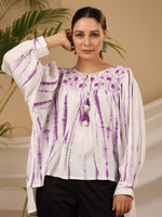 Thumbnail for Juniper Women's Lavender Mirror Embroidered Rayon Crepe Tie-Dye Tunic With Tassels - Distacart