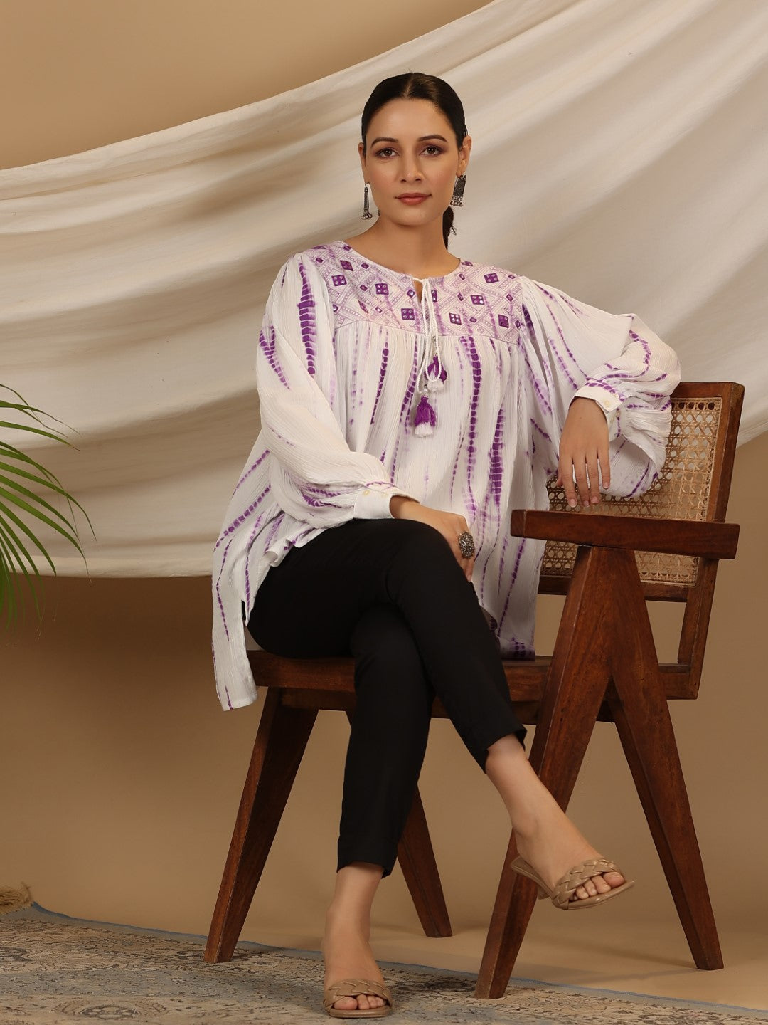 Juniper Women's Lavender Mirror Embroidered Rayon Crepe Tie-Dye Tunic With Tassels - Distacart