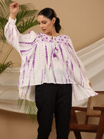 Thumbnail for Juniper Women's Lavender Mirror Embroidered Rayon Crepe Tie-Dye Tunic With Tassels - Distacart