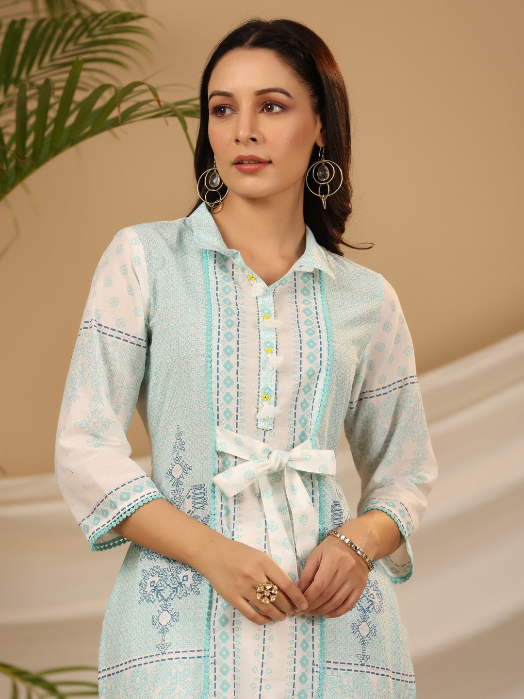 Juniper Women's The Dhara Tie-Up Sky Blue Geometric Printed Cotton Fusion Kurta With Contest 3D Beadwork & Tassels - Distacart