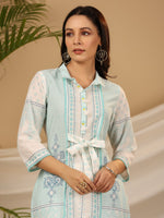 Thumbnail for Juniper Women's The Dhara Tie-Up Sky Blue Geometric Printed Cotton Fusion Kurta With Contest 3D Beadwork & Tassels - Distacart