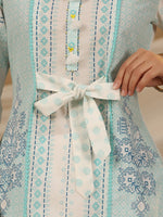 Thumbnail for Juniper Women's The Dhara Tie-Up Sky Blue Geometric Printed Cotton Fusion Kurta With Contest 3D Beadwork & Tassels - Distacart