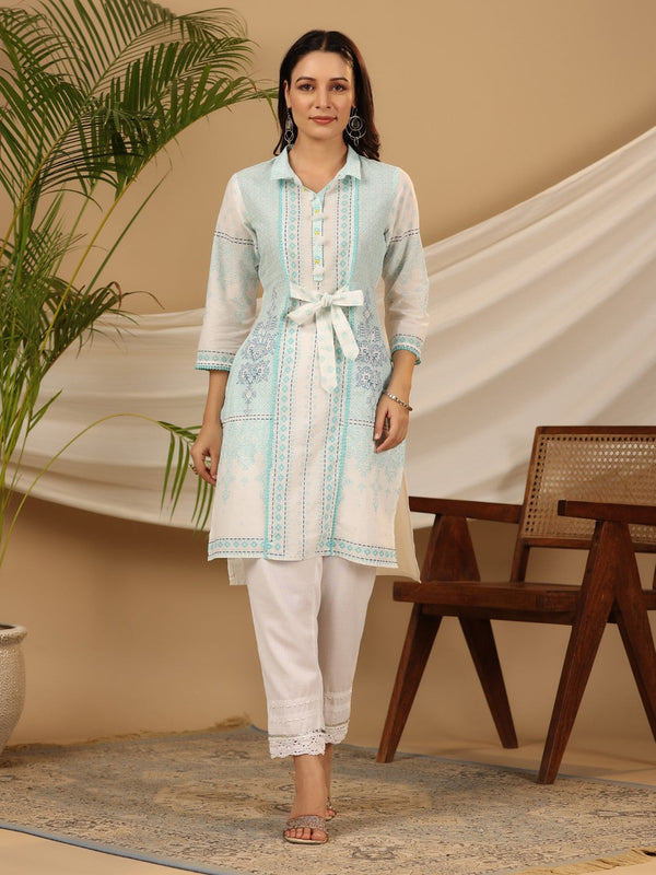 Juniper Women's The Dhara Tie-Up Sky Blue Geometric Printed Cotton Fusion Kurta With Contest 3D Beadwork & Tassels - Distacart
